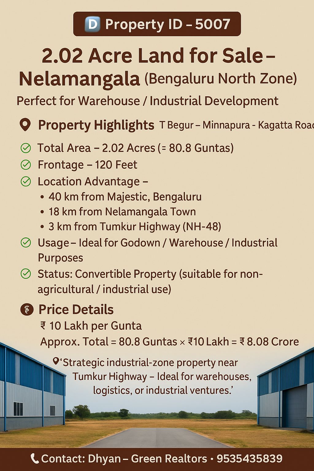 2.02 Acre Land for Sale – Nelamangala (Bengaluru North Zone) Perfect for Warehouse / Industrial Development